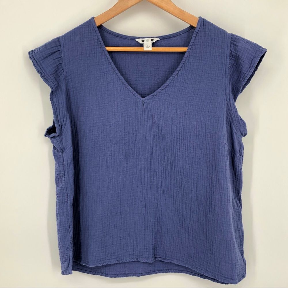 Three Dots Top Womens Large Blue Gauzy‎ Flutter Sleeve V Neck Popover Shirt